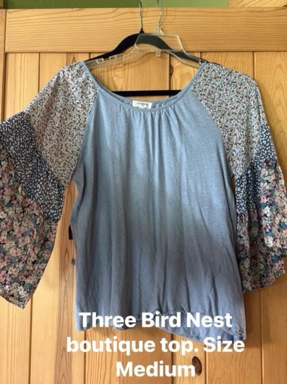 Three Bird Nest Blue Mixed-Print Raglan Sleeve Top